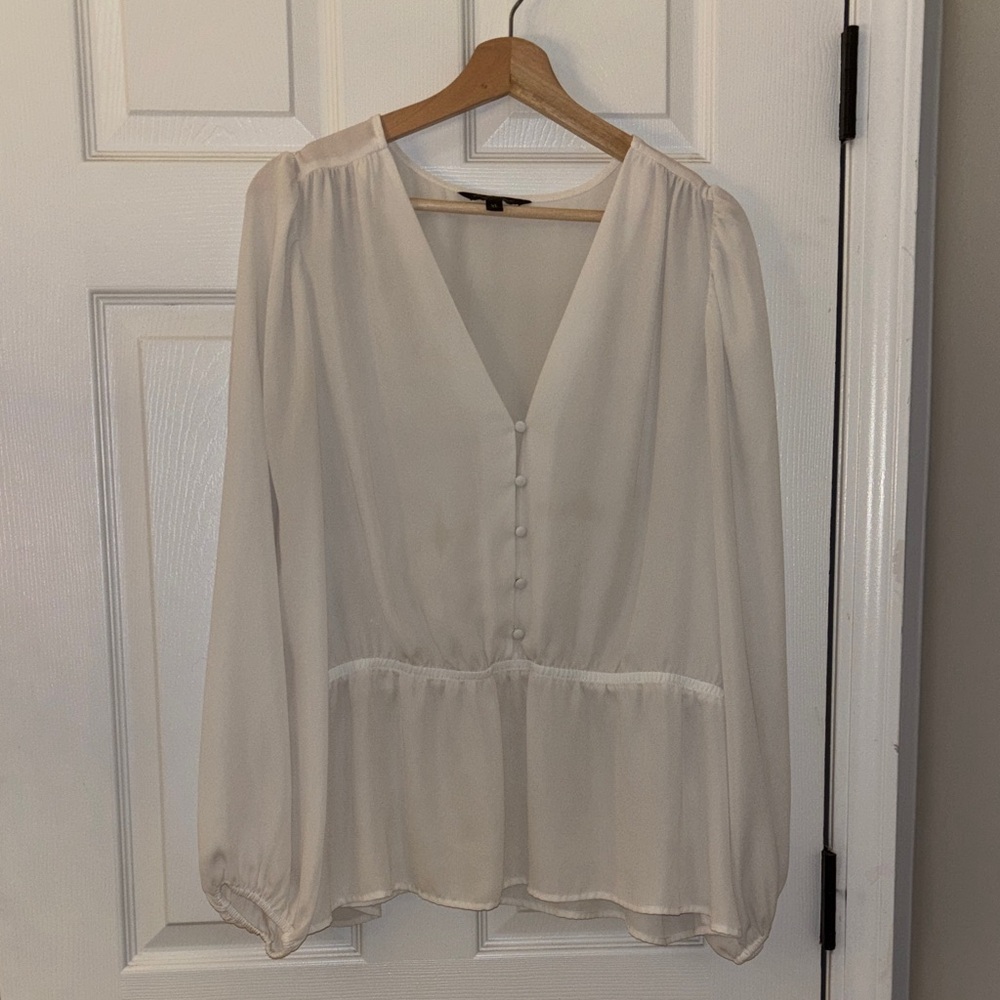 Banana Republic Cream V-Neck Sheer Button Front Peplum Blouse XL